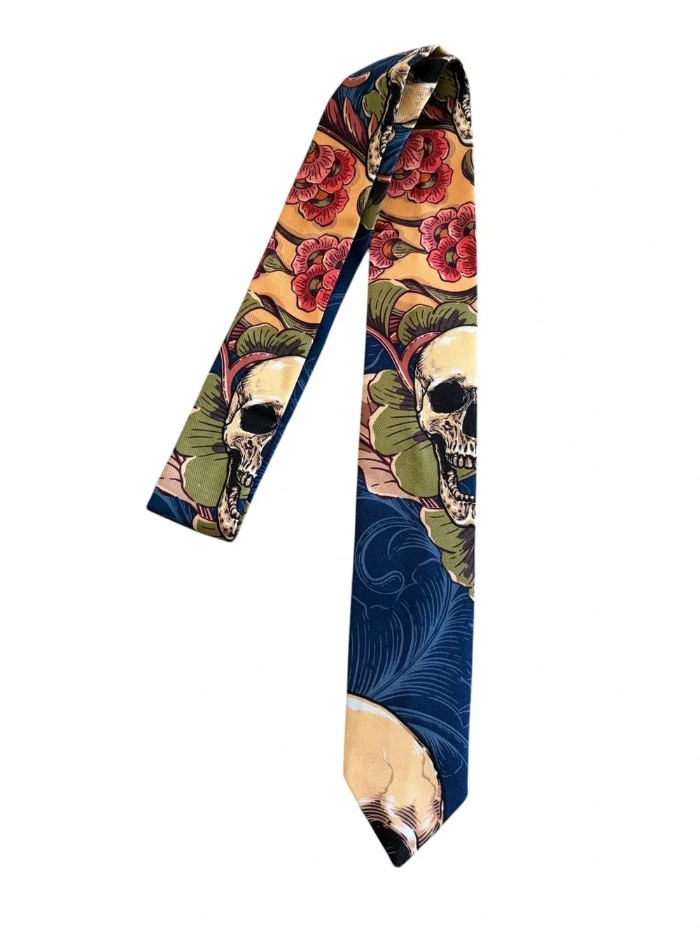 Halloween Bold Blue Floral & Skull Print Men's Suit Jacket, Pants and Tie Sz M